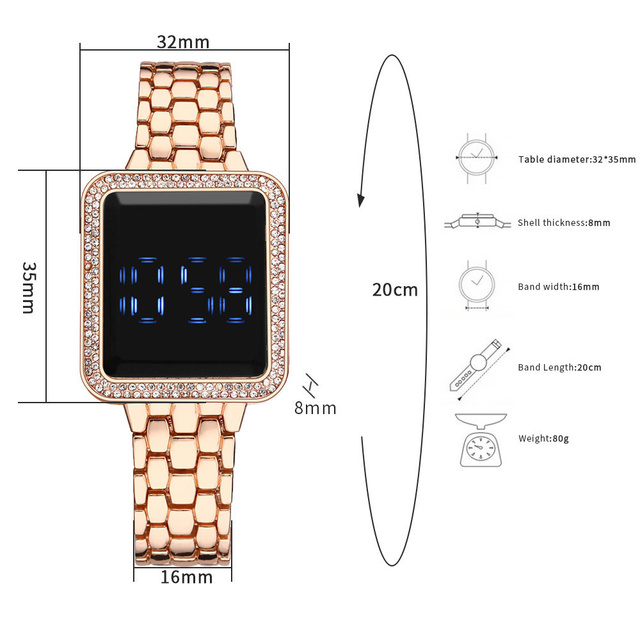 Luksusowy zegarek damski z kwadratowym ekranem dotykowym, cyfrowy, obsadzony kryształkami Rhinestone na stalowej bransolecie ze zegarem na rękę - Wianko - 2