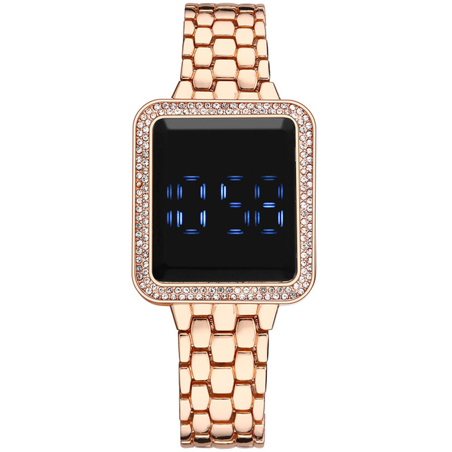 Luksusowy zegarek damski z kwadratowym ekranem dotykowym, cyfrowy, obsadzony kryształkami Rhinestone na stalowej bransolecie ze zegarem na rękę - Wianko - 17