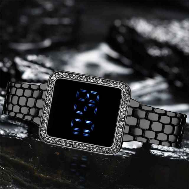 Luksusowy zegarek damski z kwadratowym ekranem dotykowym, cyfrowy, obsadzony kryształkami Rhinestone na stalowej bransolecie ze zegarem na rękę - Wianko - 10