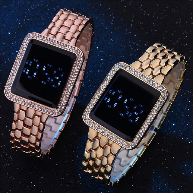 Luksusowy zegarek damski z kwadratowym ekranem dotykowym, cyfrowy, obsadzony kryształkami Rhinestone na stalowej bransolecie ze zegarem na rękę - Wianko - 6