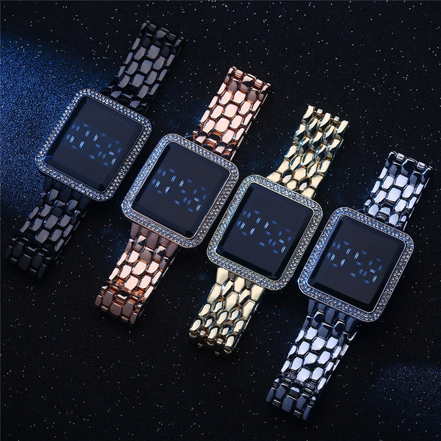 Luksusowy zegarek damski z kwadratowym ekranem dotykowym, cyfrowy, obsadzony kryształkami Rhinestone na stalowej bransolecie ze zegarem na rękę - Wianko - 7