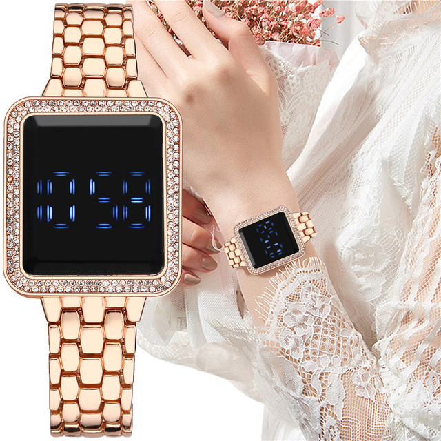 Luksusowy zegarek damski z kwadratowym ekranem dotykowym, cyfrowy, obsadzony kryształkami Rhinestone na stalowej bransolecie ze zegarem na rękę - Wianko - 1