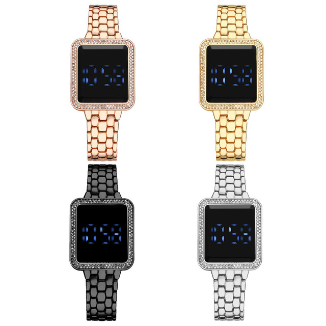 Luksusowy zegarek damski z kwadratowym ekranem dotykowym, cyfrowy, obsadzony kryształkami Rhinestone na stalowej bransolecie ze zegarem na rękę - Wianko - 3