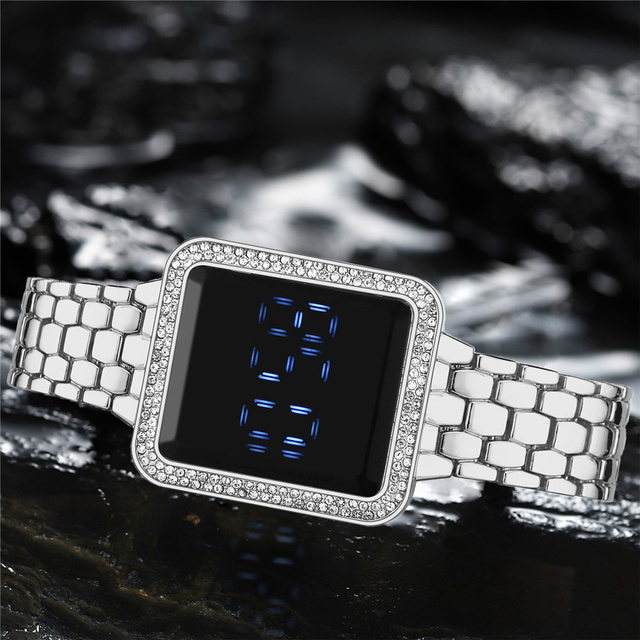 Luksusowy zegarek damski z kwadratowym ekranem dotykowym, cyfrowy, obsadzony kryształkami Rhinestone na stalowej bransolecie ze zegarem na rękę - Wianko - 9