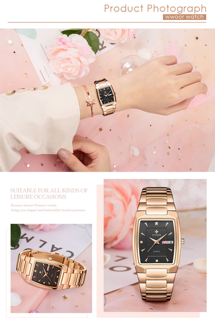Zegarek damski WWOOR prostokątny wykończony w złotym kolorze ze stali nierdzewnej. Kwarcowy, wodoodporny, moda dla kobiet - Wianko - 9