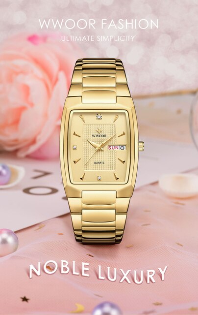 Zegarek damski WWOOR prostokątny wykończony w złotym kolorze ze stali nierdzewnej. Kwarcowy, wodoodporny, moda dla kobiet - Wianko - 1