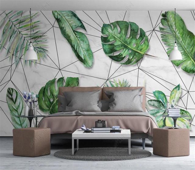 Rozmiar niestandardowy Tapeta 3D Nordic z motywem tropikalnego lasu deszczowego liści bananowców na geometrycznym tle - dekoracja wnętrza sypialni i fototapeta - Wianko - 2