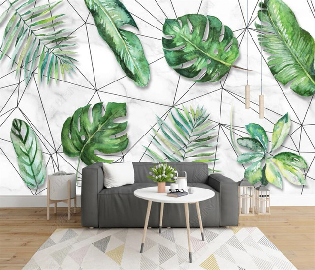 Rozmiar niestandardowy Tapeta 3D Nordic z motywem tropikalnego lasu deszczowego liści bananowców na geometrycznym tle - dekoracja wnętrza sypialni i fototapeta - Wianko - 1