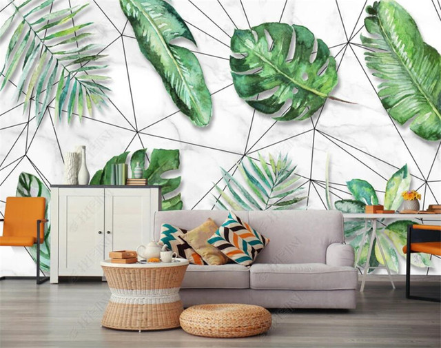 Rozmiar niestandardowy Tapeta 3D Nordic z motywem tropikalnego lasu deszczowego liści bananowców na geometrycznym tle - dekoracja wnętrza sypialni i fototapeta - Wianko - 4