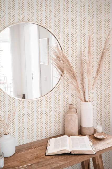 Winylowa samoprzylepna tapeta łazienkowa w jodełkę beżowo-białe linie ręcznie malowane - dekoracje ścienne do domu - Wianko - 13