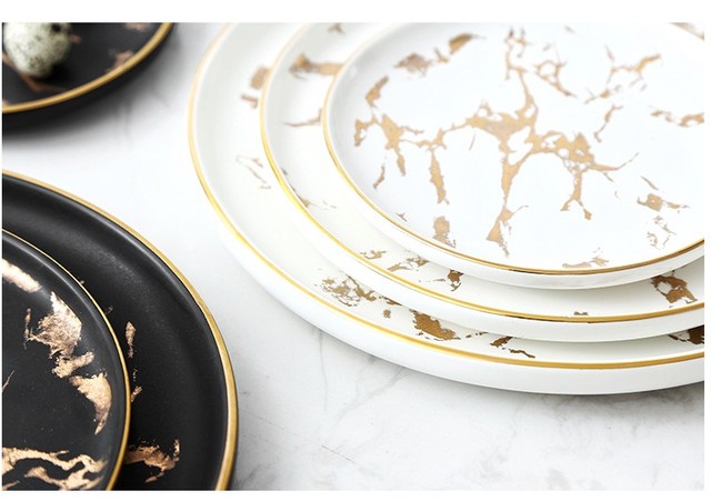 Naczynia i talerze: Nordic talerz sałatkowy - złoty, marmurowy wzór, ceramiczny, idealny dla domu i hotelu - Wianko - 6