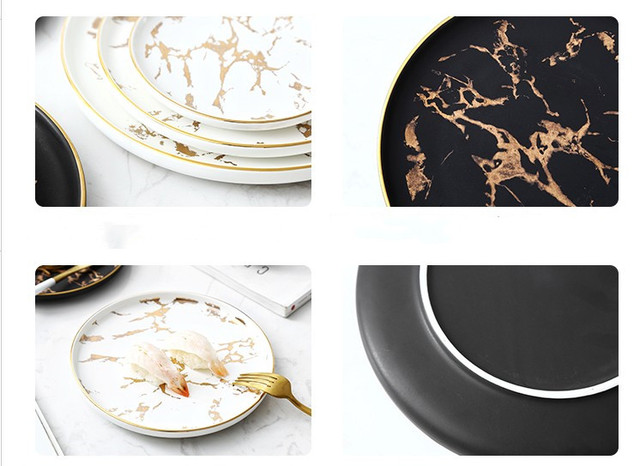 Naczynia i talerze: Nordic talerz sałatkowy - złoty, marmurowy wzór, ceramiczny, idealny dla domu i hotelu - Wianko - 5