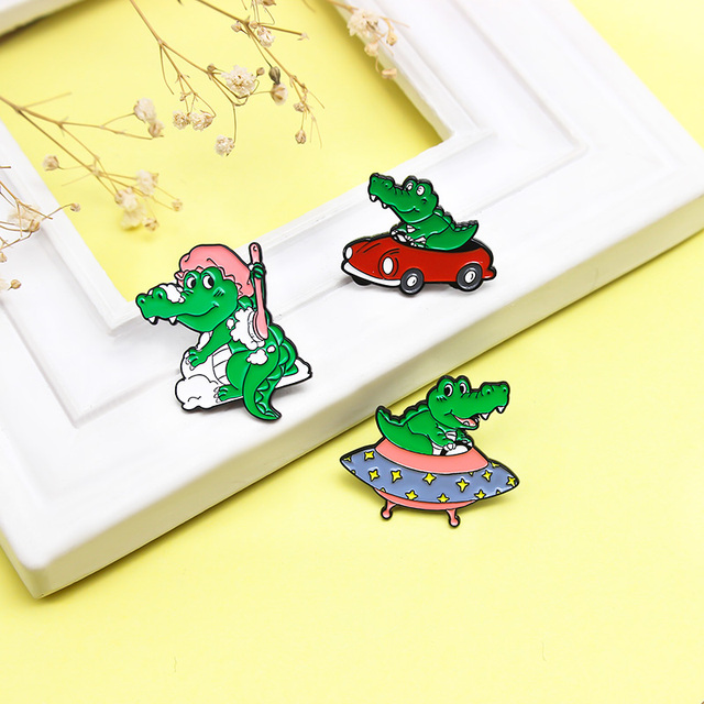 Broszka emaliowana zielonymi zwierzętami: krokodyl, żaba, żółw, UFO, Pizza - Wianko - 8