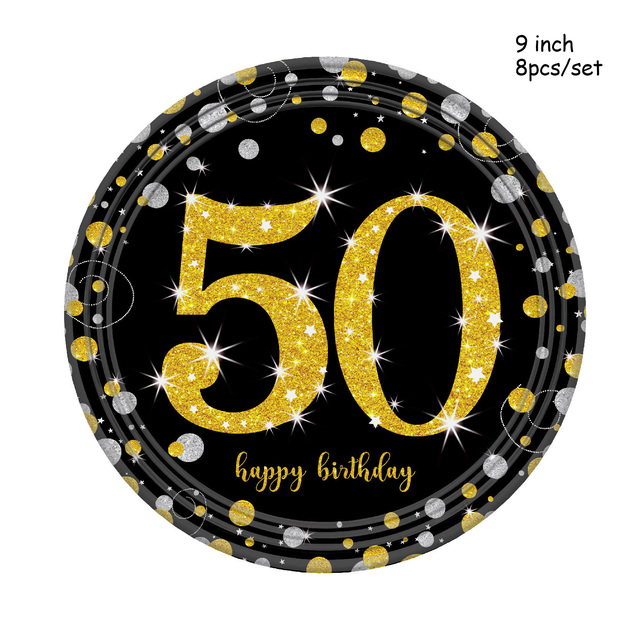 Topper tortu urodzinowego 30th 40th 50th, papierowy talerz jednorazowy, dekoracje złoty czarny, balony, banner - Wianko - 5