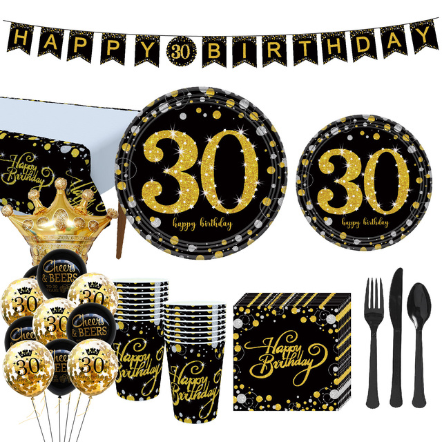 Topper tortu urodzinowego 30th 40th 50th, papierowy talerz jednorazowy, dekoracje złoty czarny, balony, banner - Wianko - 3