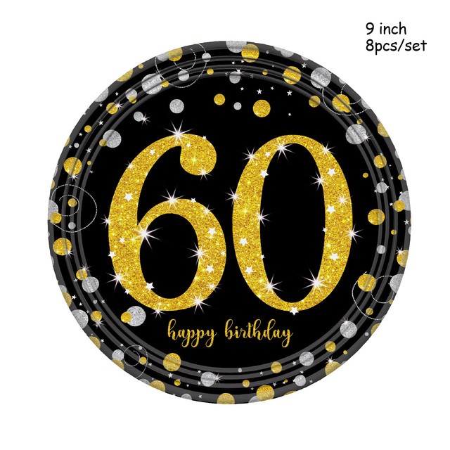 Topper tortu urodzinowego 30th 40th 50th, papierowy talerz jednorazowy, dekoracje złoty czarny, balony, banner - Wianko - 6