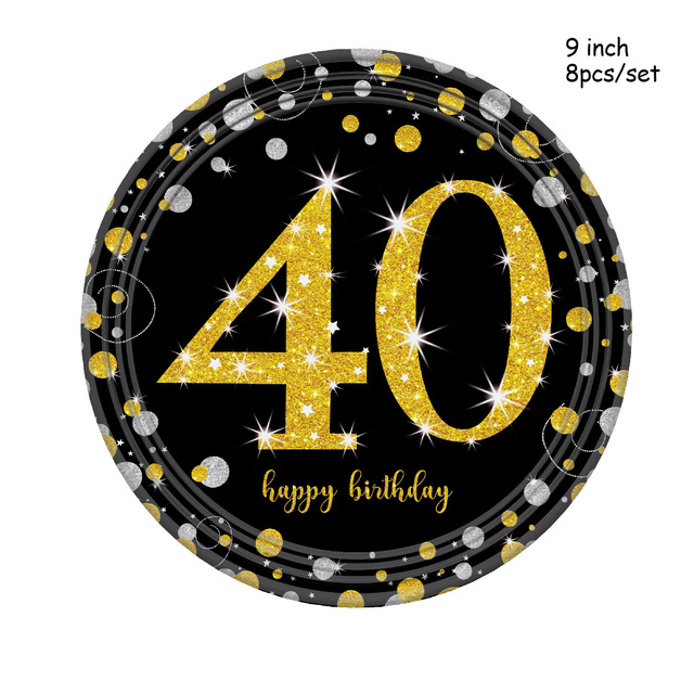 Topper tortu urodzinowego 30th 40th 50th, papierowy talerz jednorazowy, dekoracje złoty czarny, balony, banner - Wianko - 4