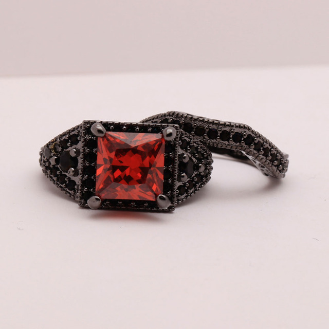Czarny złoty pierścień z syntetycznym czerwonym cyrkonem - kolekcja obietnica w biżuterii ślubnej - nowoczesny pierścionek zaręczynowy dla kobiet - Wianko - 4