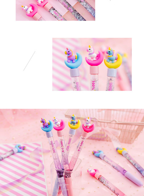 Kawaii długopis żelowy z cieczą Quicksand i jednorożcem na księżycu - pióro neutralne z cekinami do dekoracji (szkolne materiały biurowe) - Wianko - 5