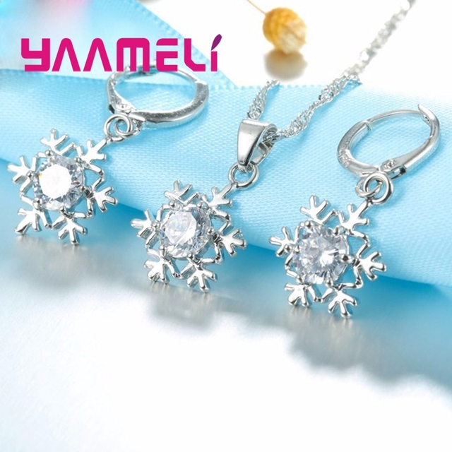 Kobiety Snowflake 925 srebrna biżuteria - naszyjnik i kolczyki cyrkon CZ kryształ, prezent na imprezę - Wianko - 4