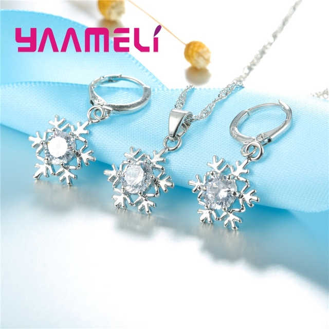 Kobiety Snowflake 925 srebrna biżuteria - naszyjnik i kolczyki cyrkon CZ kryształ, prezent na imprezę - Wianko - 5