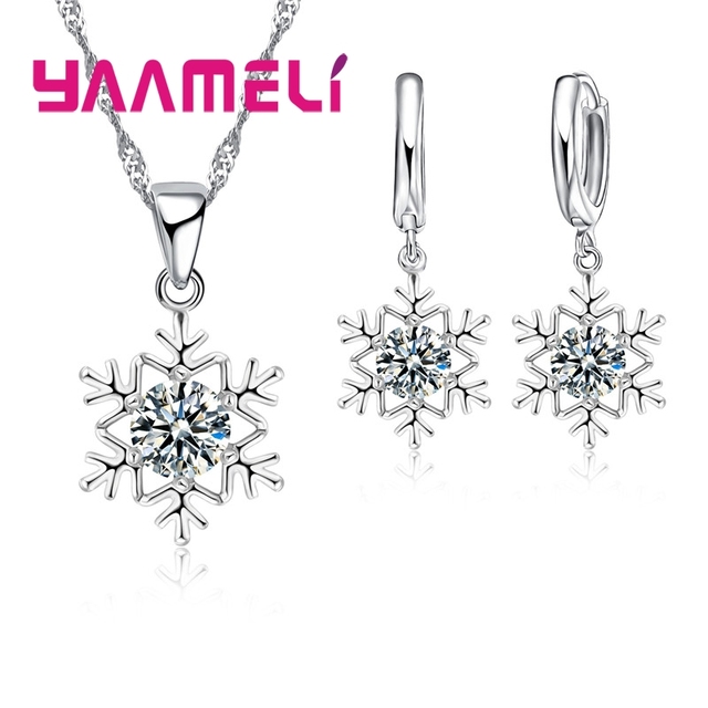 Kobiety Snowflake 925 srebrna biżuteria - naszyjnik i kolczyki cyrkon CZ kryształ, prezent na imprezę - Wianko - 3