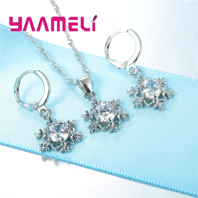 Kobiety Snowflake 925 srebrna biżuteria - naszyjnik i kolczyki cyrkon CZ kryształ, prezent na imprezę - Wianko - 6