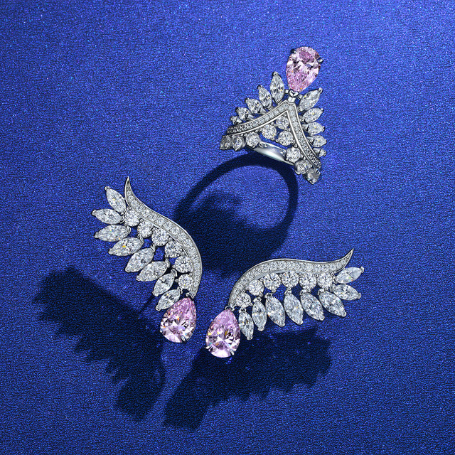 Luksusowe kolczyki z 925 srebra ze sztyftem, ozdobione 7x10MM gruszkowym szlifem z syntezy Moissanite, różowym kryształem sapphira i kwarcowym skrzydłem - Wianko - 7