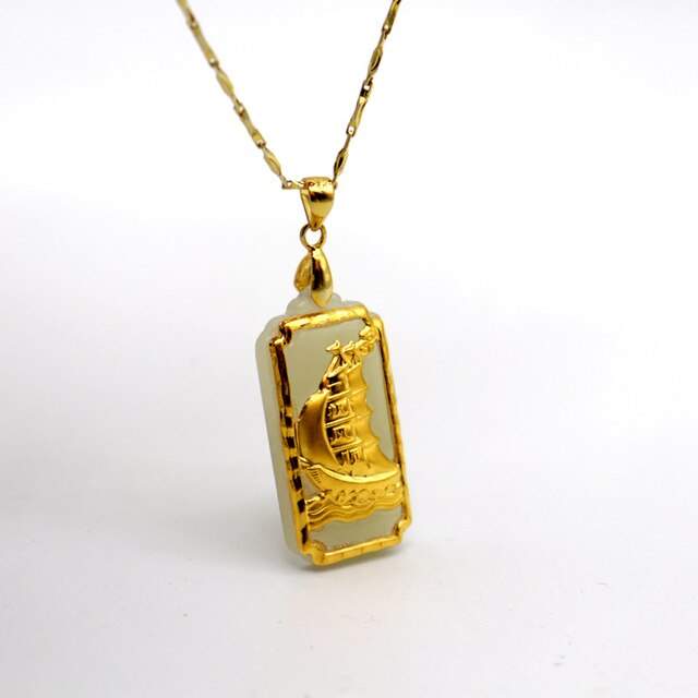 24K złote naszyjniki z żaglówką wisiorki ze starożytnego Hetian Jade - unikalna biżuteria dla mężczyzn i kobiet - Wianko - 8
