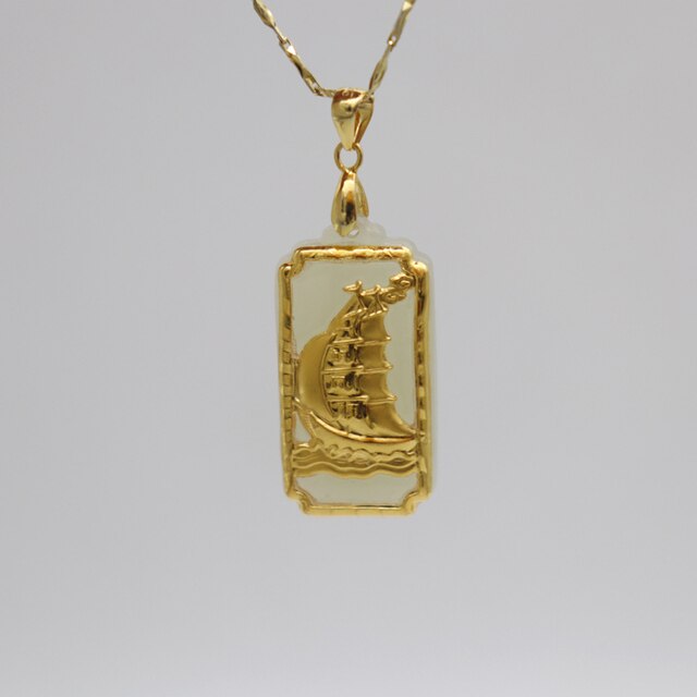 24K złote naszyjniki z żaglówką wisiorki ze starożytnego Hetian Jade - unikalna biżuteria dla mężczyzn i kobiet - Wianko - 2