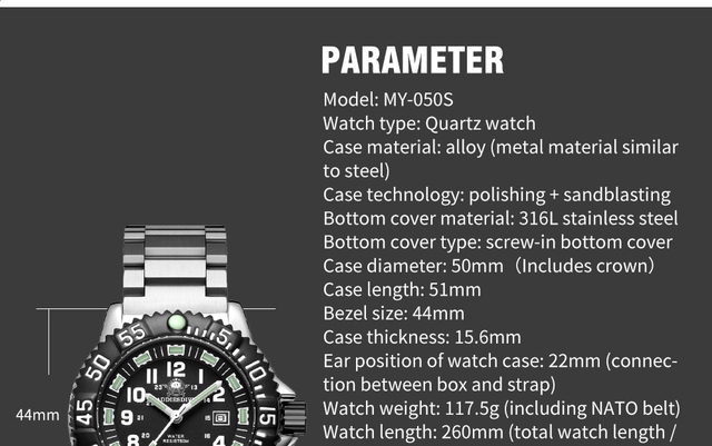 Męski zegarek Addies Dive 316L stal nierdzewna, czarna tarcza, wodoodporność 50m, luminous hand, koperta 51mm - Wianko - 16