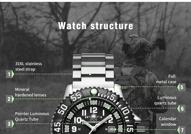 Męski zegarek Addies Dive 316L stal nierdzewna, czarna tarcza, wodoodporność 50m, luminous hand, koperta 51mm - Wianko - 14