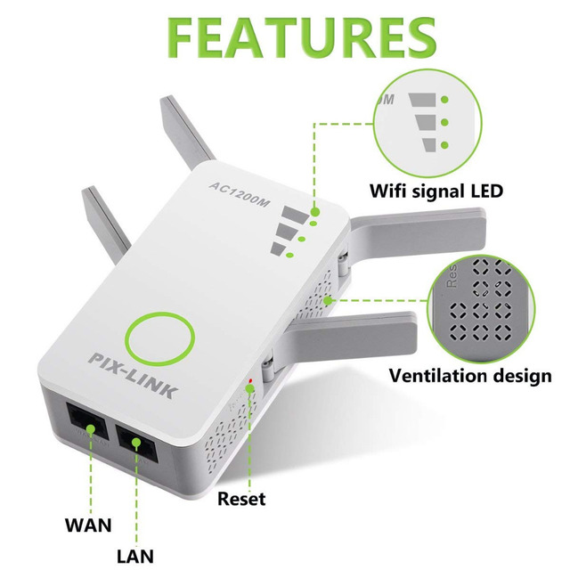 Router wzmacniacz sygnału Wi-Fi Pixlink 1200Mbps, dwuzakresowy 2.4/5GHz, bezprzewodowy repeater zasięgu w domu - Wianko - 1