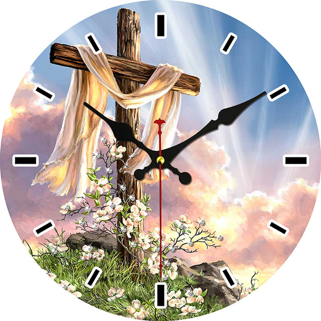Krzyż religijny w musującym świetle z drewnianej ściany - zegar kościół dekoracja ściana, cichy zegar kwarcowy - Wianko - 7