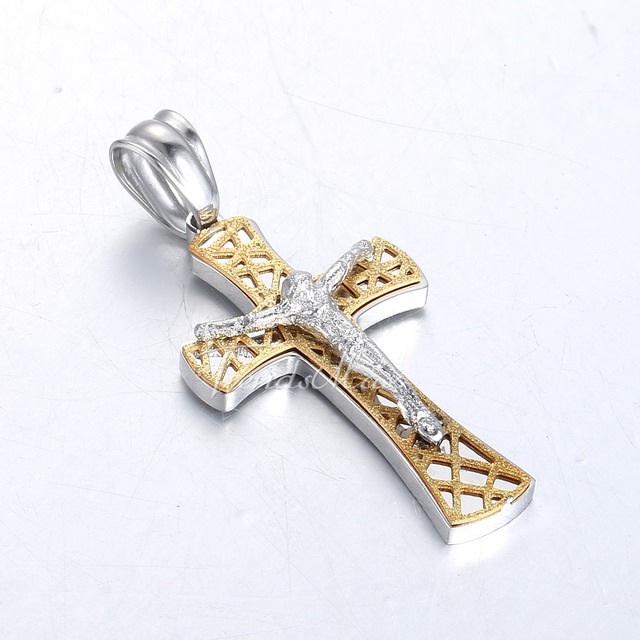 Wisiorek punkowy wykonany ze stali z krzyżykiem w złotym i srebrnym kolorze, modlitwą Jezusa - Wianko - 5