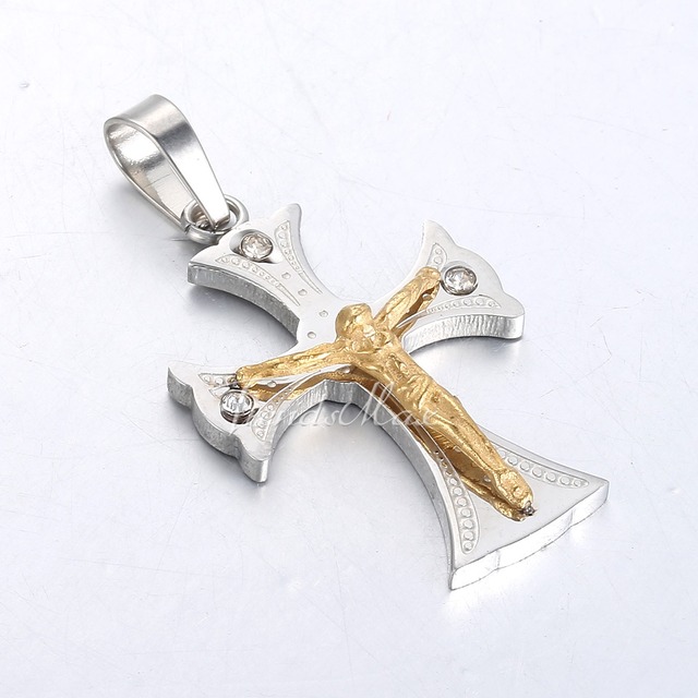 Wisiorek punkowy wykonany ze stali z krzyżykiem w złotym i srebrnym kolorze, modlitwą Jezusa - Wianko - 9