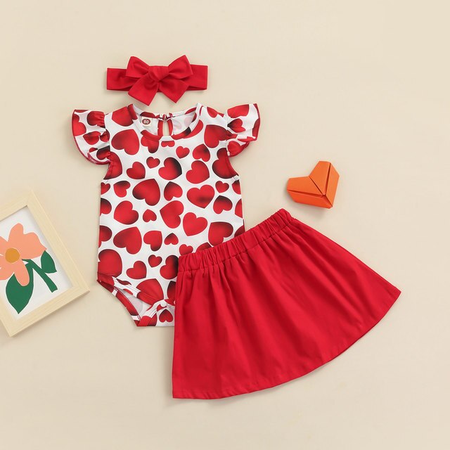 Valentine Baby Little Girl - trzyczęściowy zestaw sukienkowy z nadrukowanym sercem - Wianko - 1