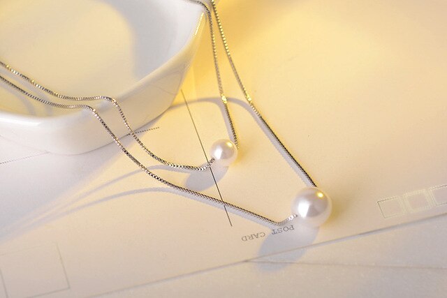 Naszyjnik z dwiema perłami i kryształem z srebra 925 dla kobiet - Wianko - 4