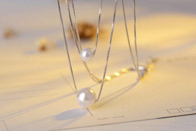 Naszyjnik z dwiema perłami i kryształem z srebra 925 dla kobiet - Wianko - 2