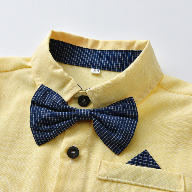 Nowoczesne zestawy dziecięce dla chłopców: eleganckie bluzki z długim rękawem i muszelkowym krawatem + spodnie ze szelkami - Wianko - 4