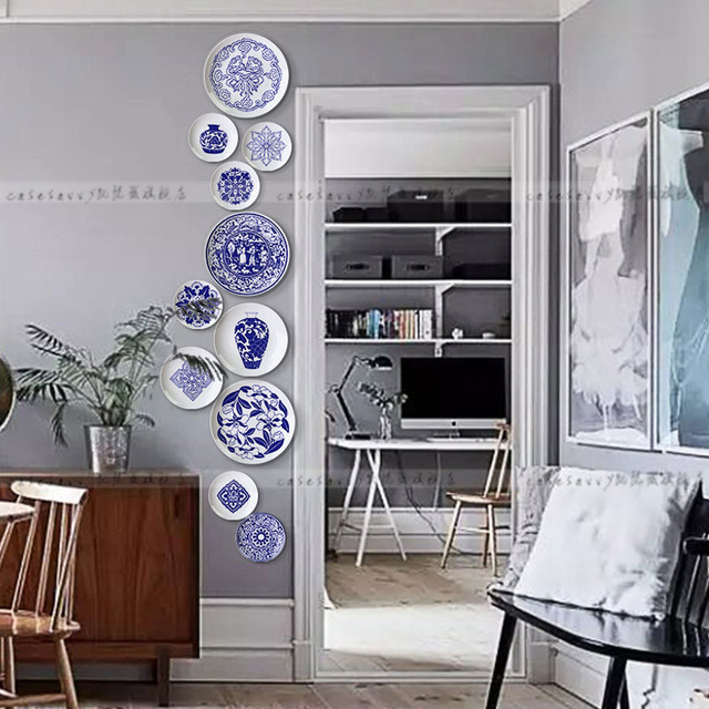 Porcelanowe talerze dekoracyjne w stylu chińskim, niebiesko-białe połączenie - Wianko - 4
