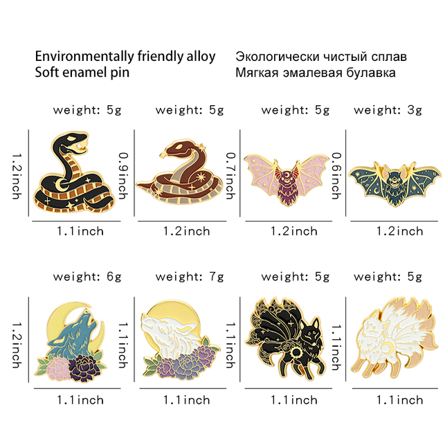 Biżuteria broszki: Pin nocny wilk, wąż, lis, nietoperz - faza księżyca zwierząt - Wianko - 1