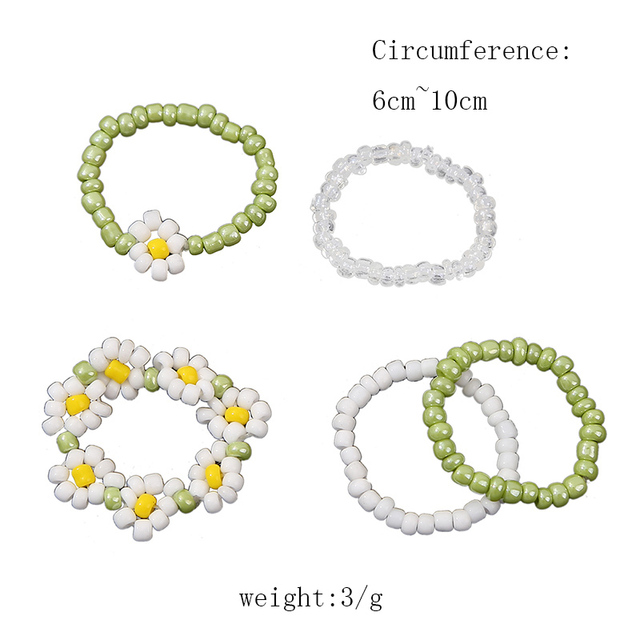 Ręcznie wyszywane pierścienie kwiatowe dla kobiet - zestaw 5 białych koralikowych pierścionków zielonego światła - elastyczna lina, regulowane rozmiary - Wianko - 1