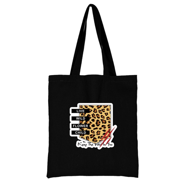 Torba na zakupy w stylu Harajuku z leopardzym wzorem - płócienna Tote torba czarna z napisami na ramię - Wianko - 20