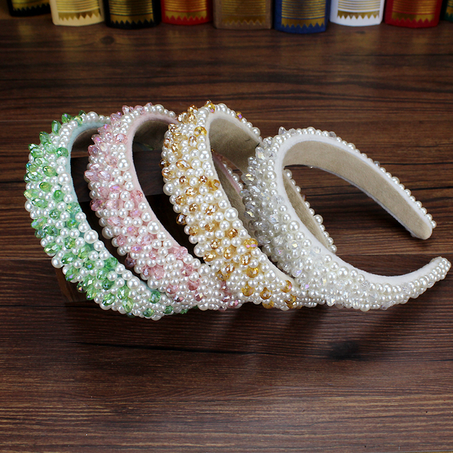 Opaski do włosów z pełnymi perłami i koralikami - ręcznie robione, modne, w kolorach zielonym, różowym i białym - Wianko - 8