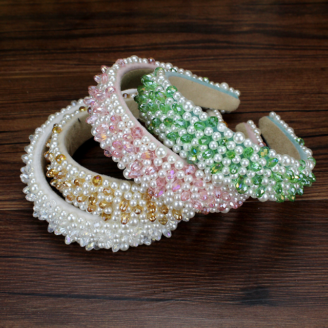Opaski do włosów z pełnymi perłami i koralikami - ręcznie robione, modne, w kolorach zielonym, różowym i białym - Wianko - 7