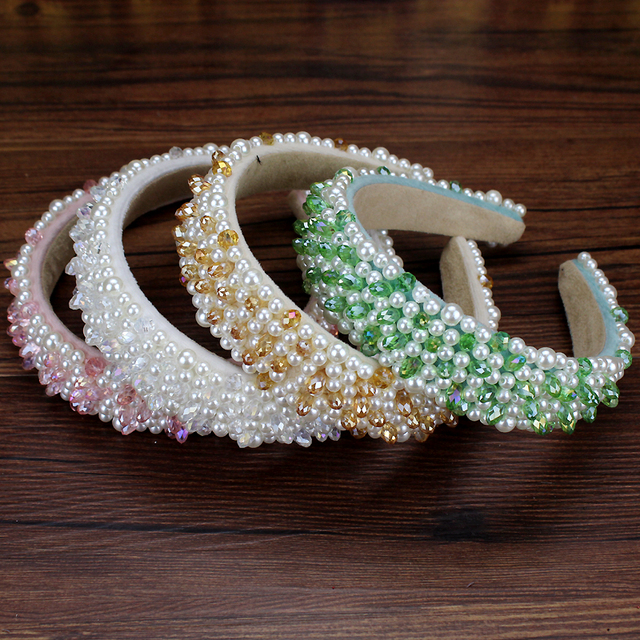 Opaski do włosów z pełnymi perłami i koralikami - ręcznie robione, modne, w kolorach zielonym, różowym i białym - Wianko - 5