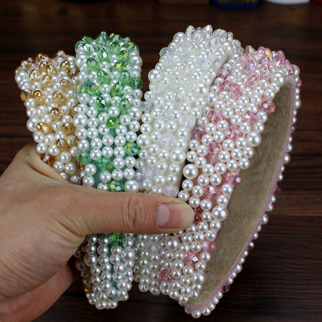Opaski do włosów z pełnymi perłami i koralikami - ręcznie robione, modne, w kolorach zielonym, różowym i białym - Wianko - 6