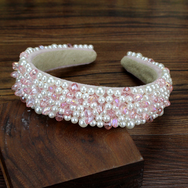 Opaski do włosów z pełnymi perłami i koralikami - ręcznie robione, modne, w kolorach zielonym, różowym i białym - Wianko - 10