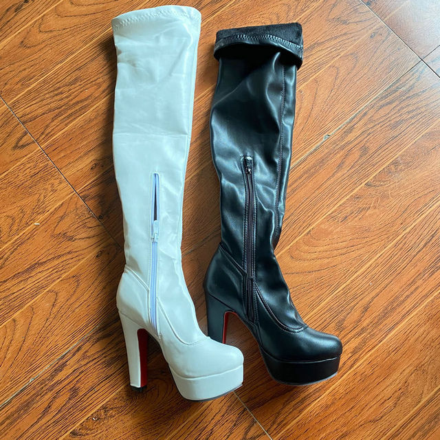 Białe damskie buty na platformie z długim obcasem wykonane ze stretchowej PU skóry do kolan z modnym kwadratowym noskiem i zamek błyskawiczny, idealne na jesień i zimę - Wianko - 3